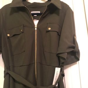 Olive Green Zip Front Dress with Tie Waist